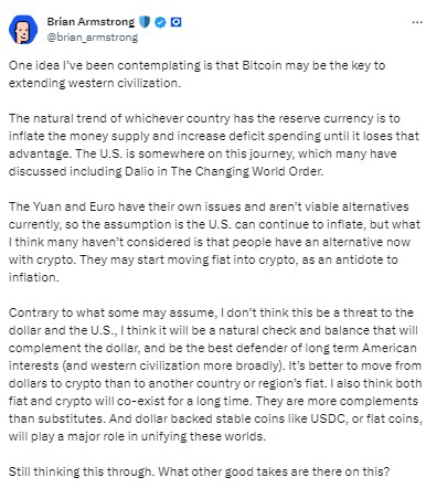 Coinbase首席执行官：比特币“可能是扩展西方文明的关键”